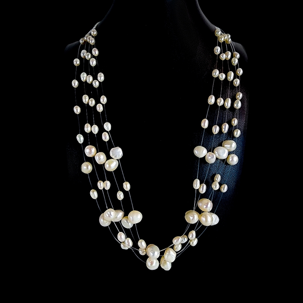 Floating pearl necklace multi strand pearls 925 sterling silver clasp  A0236